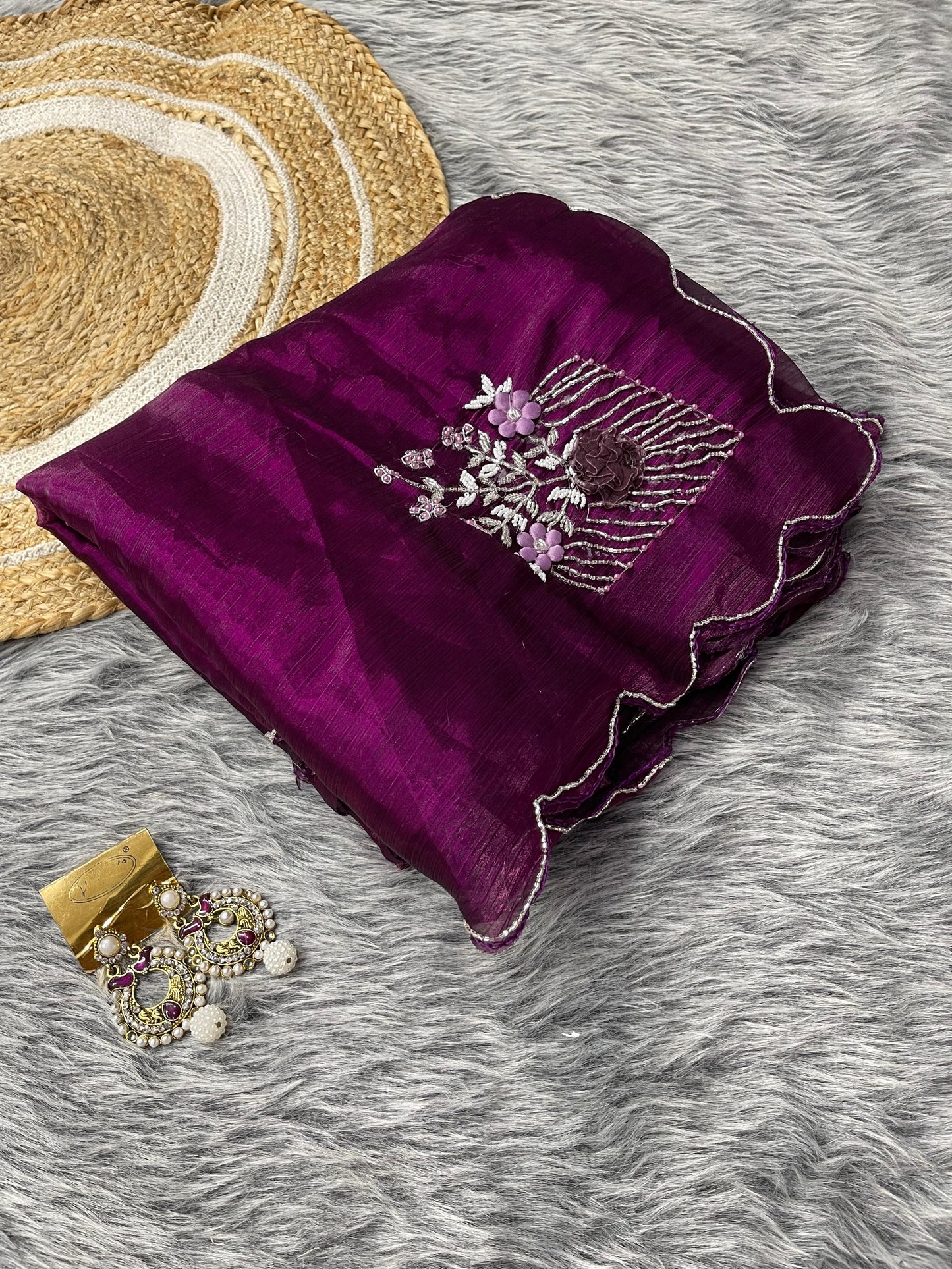 Luxuriant Wine Color Organza Silk Saree