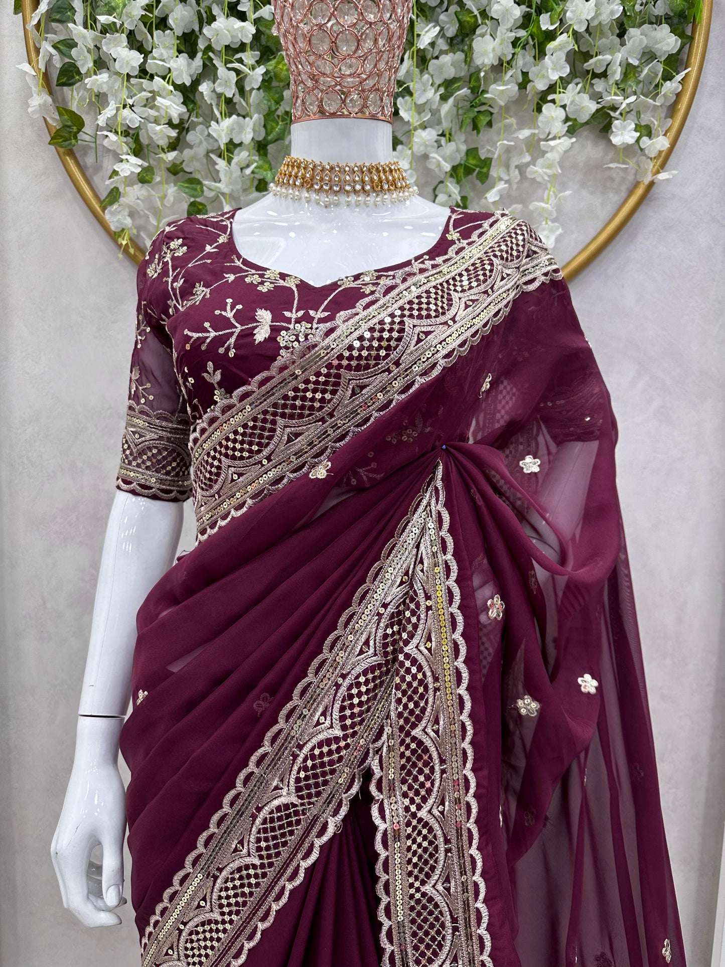 Captivating Sequence Work Wine Color Saree