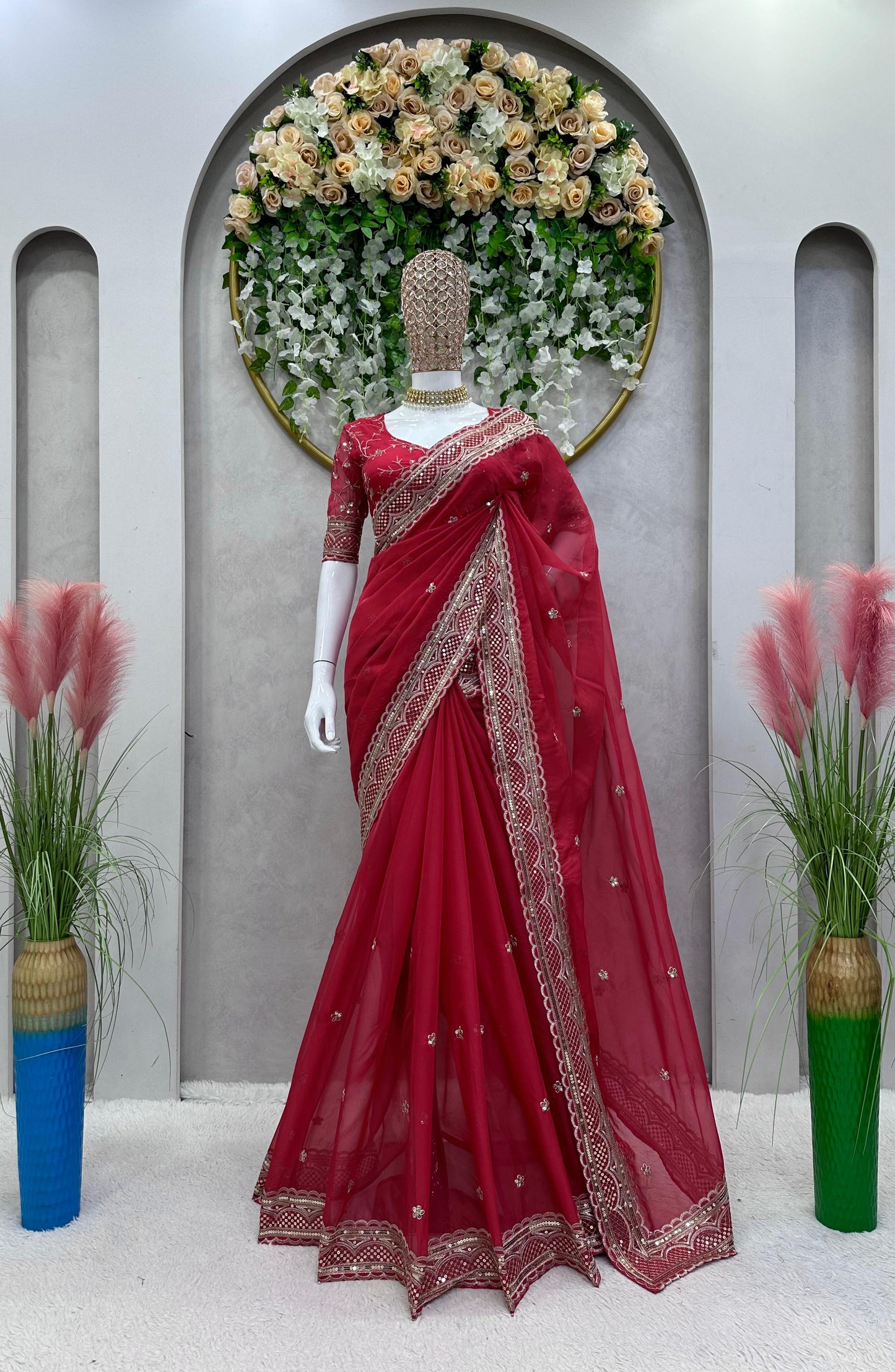 Captivating Sequence Work Red Color Saree