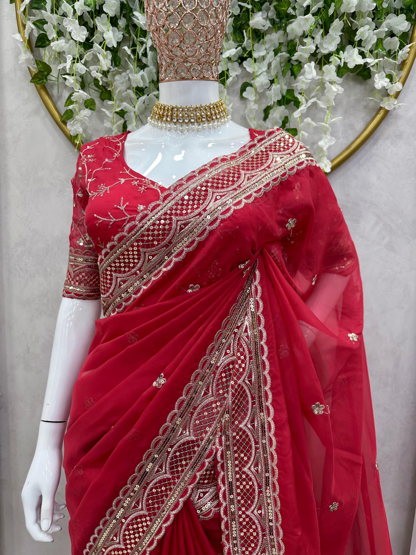 Captivating Sequence Work Red Color Saree