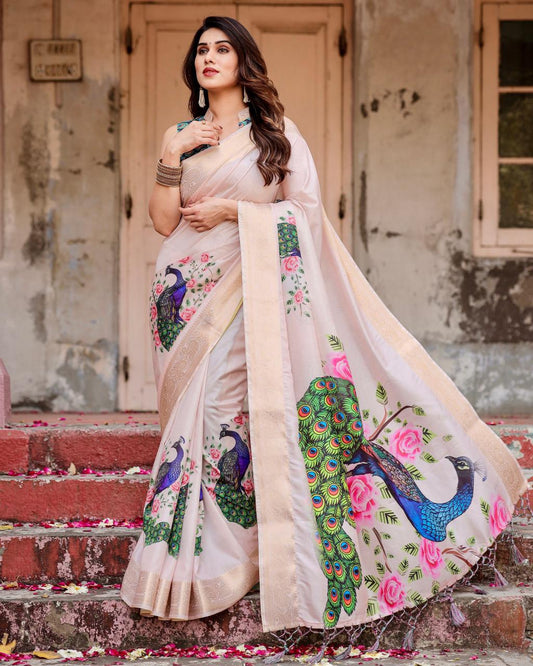 Graceful Beige Color Printed Silk Saree