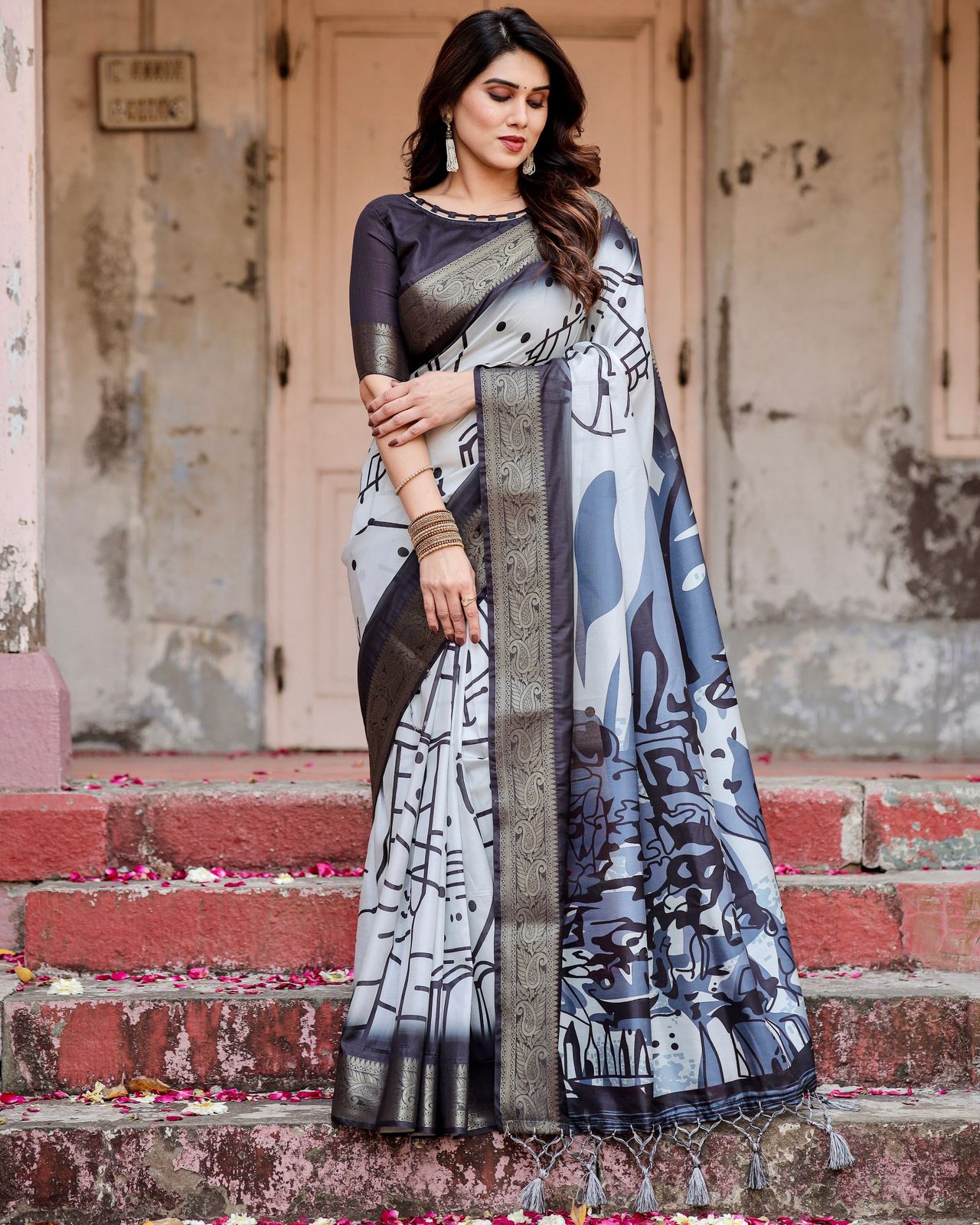 Graceful Black Color Printed Silk Saree