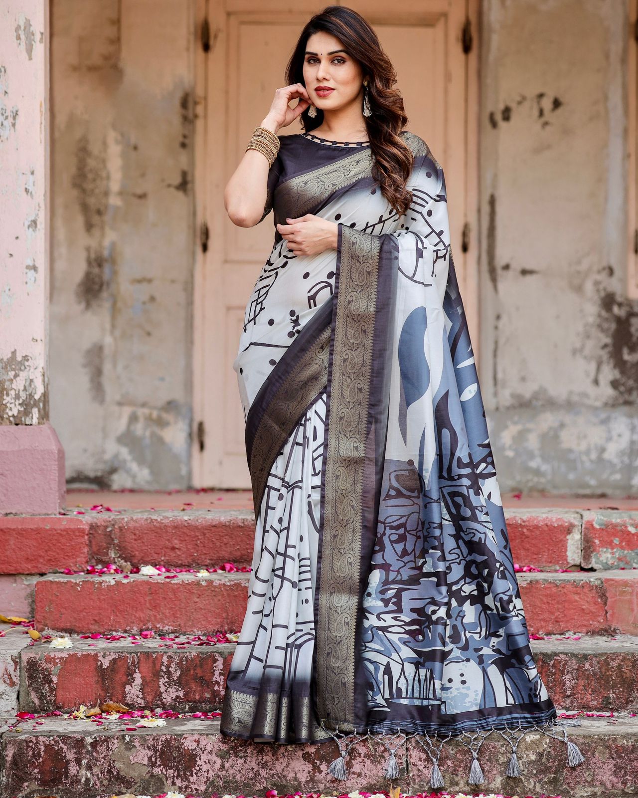 Graceful Black Color Printed Silk Saree