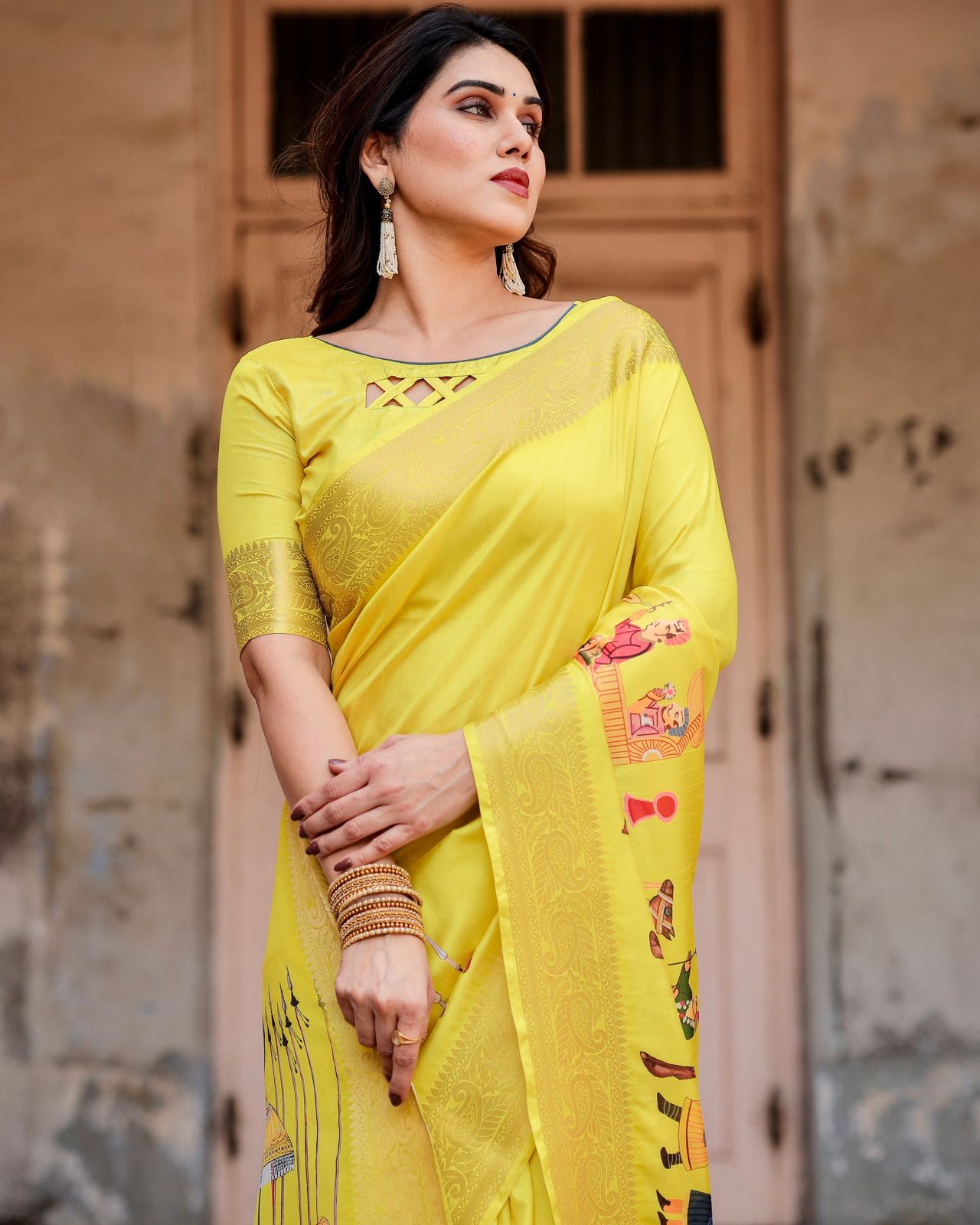 Graceful Haldi Wear Yellow Color Printed Silk Saree