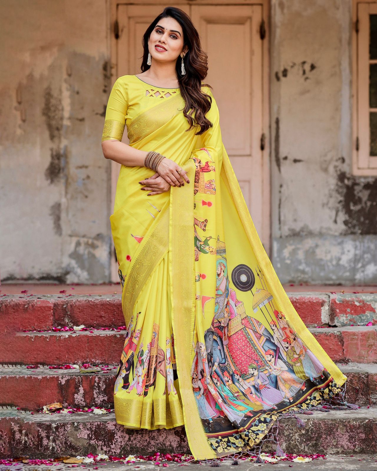 Graceful Haldi Wear Yellow Color Printed Silk Saree