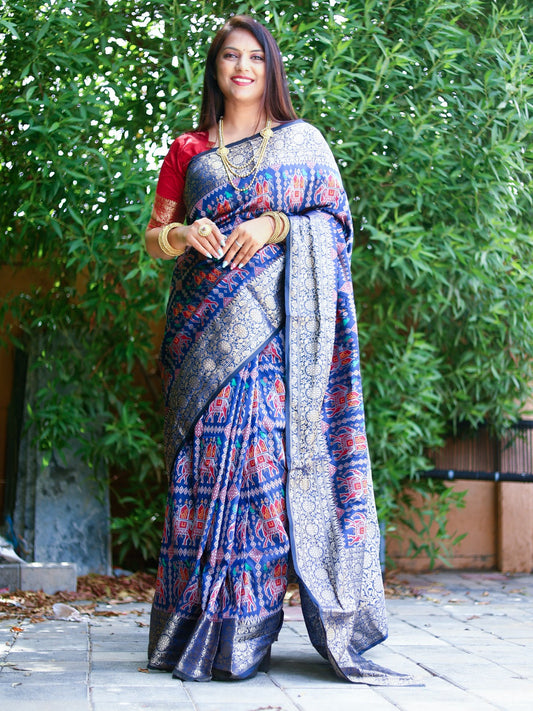 Glossy Ikkat Patola Blue Color Saree