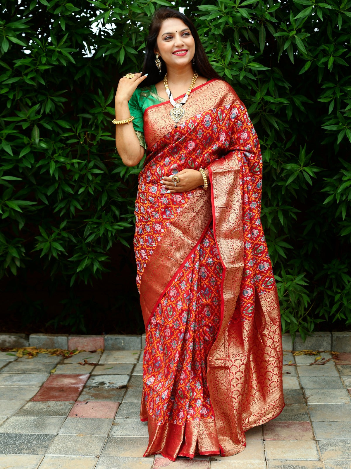 Glossy Ikkat Patola Red Color Saree