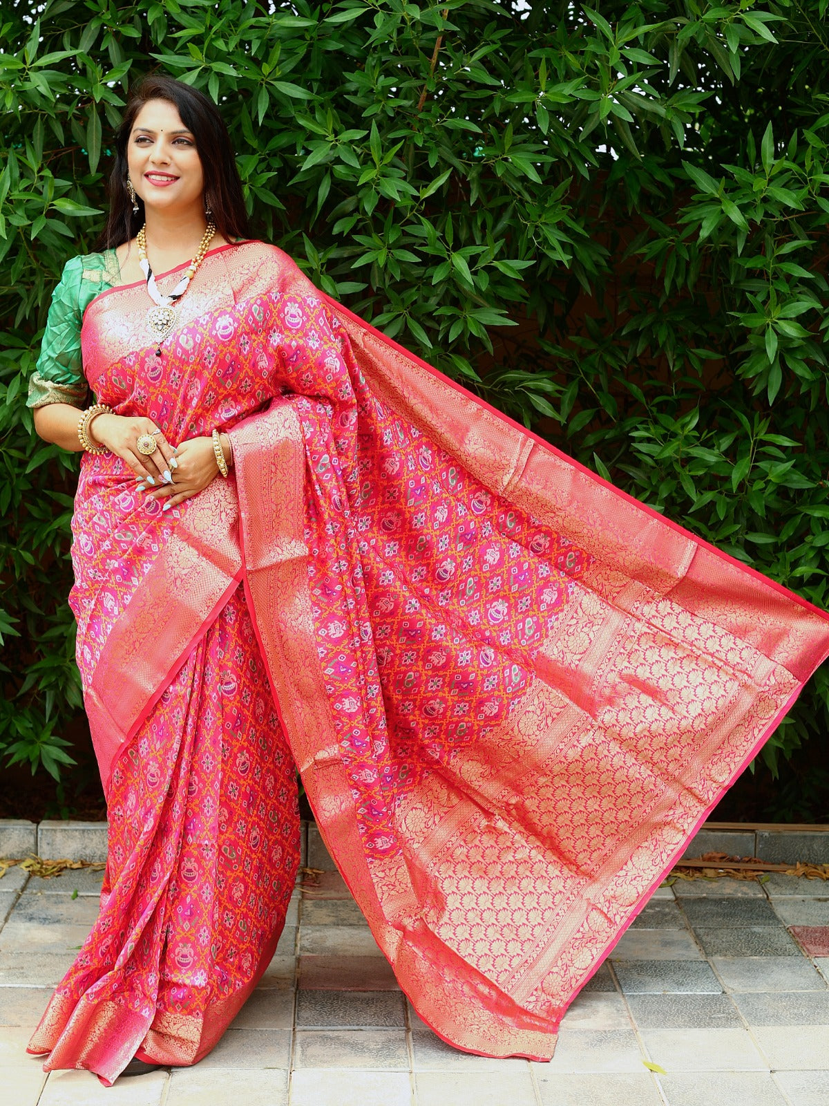 Glossy Ikkat Patola Pink Color Saree