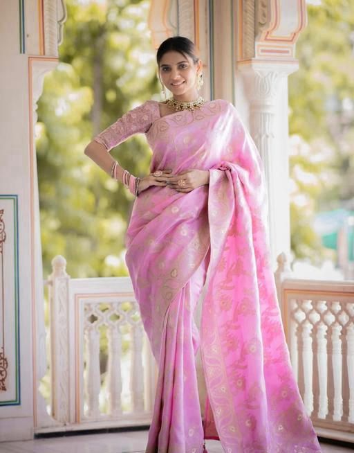 Peaceful Baby Pink Color Lichi Silk Saree