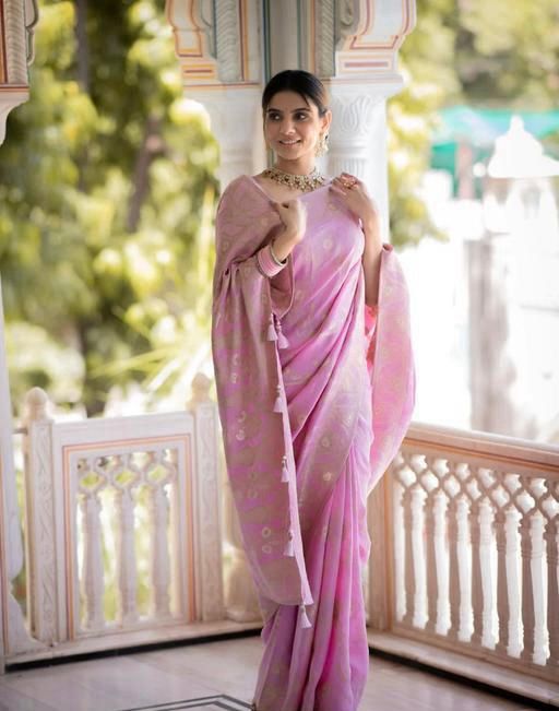 Peaceful Baby Pink Color Lichi Silk Saree