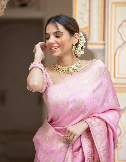 Peaceful Baby Pink Color Lichi Silk Saree