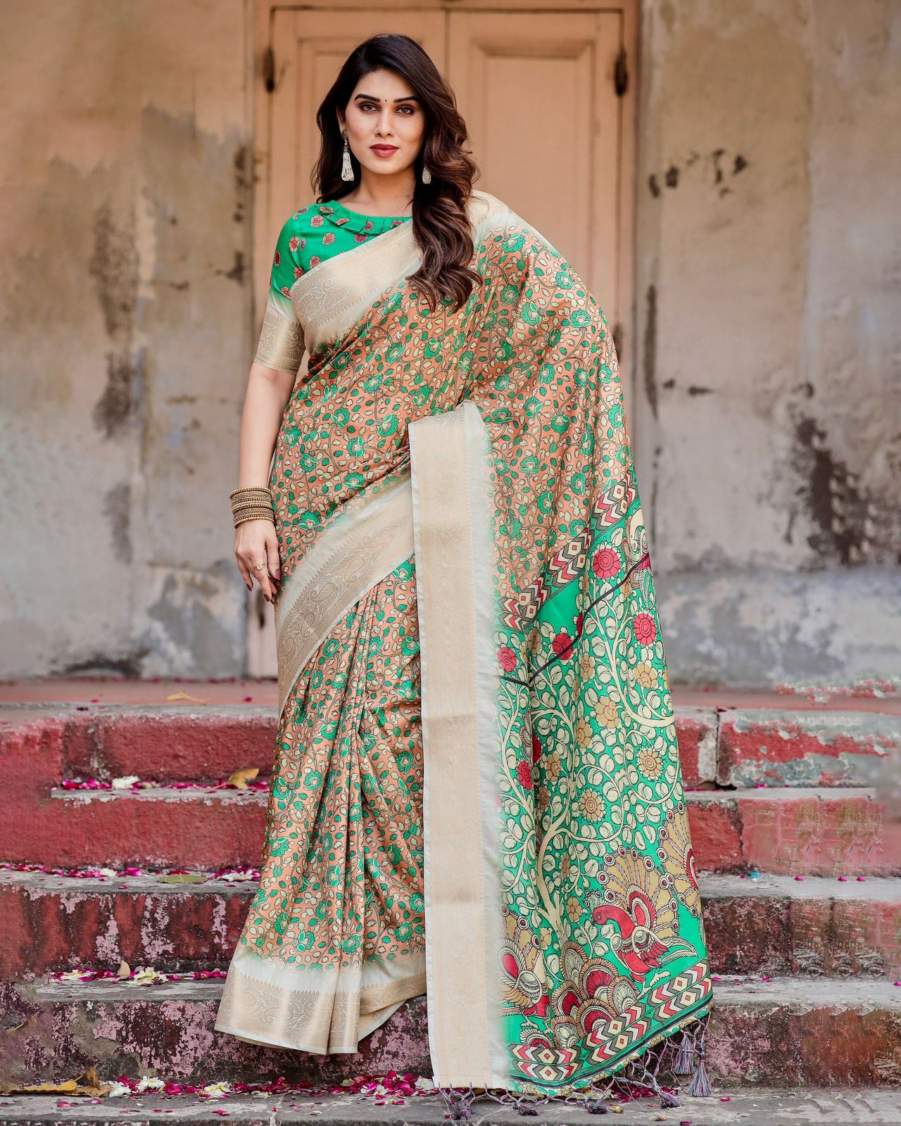 Luxuriant Green Color Printed Silk Saree