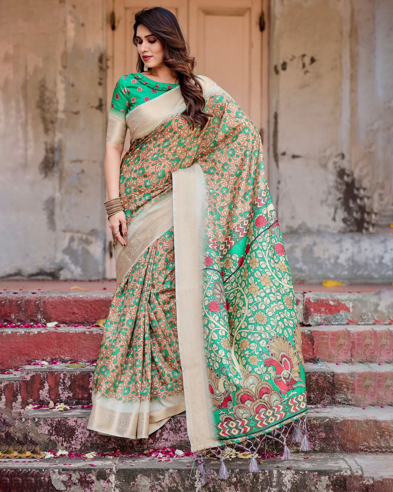 Luxuriant Green Color Printed Silk Saree