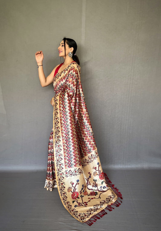 Fancy Red Color Printed Silk Saree