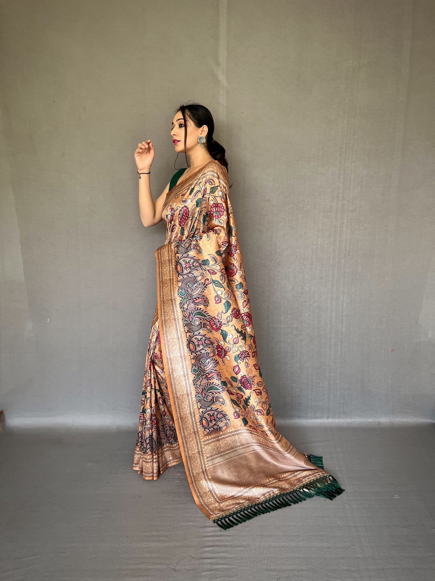 Fancy Peach Color Printed Silk Saree