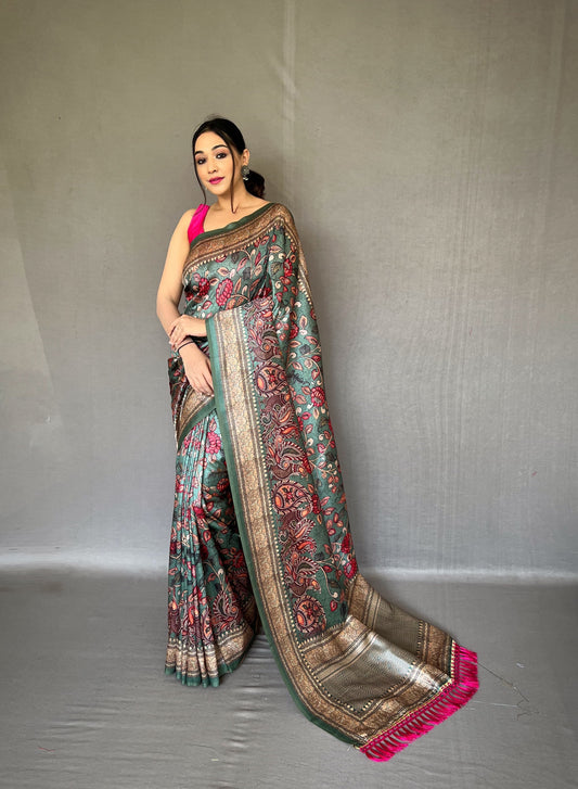 Fancy Gray Color Printed Silk Saree