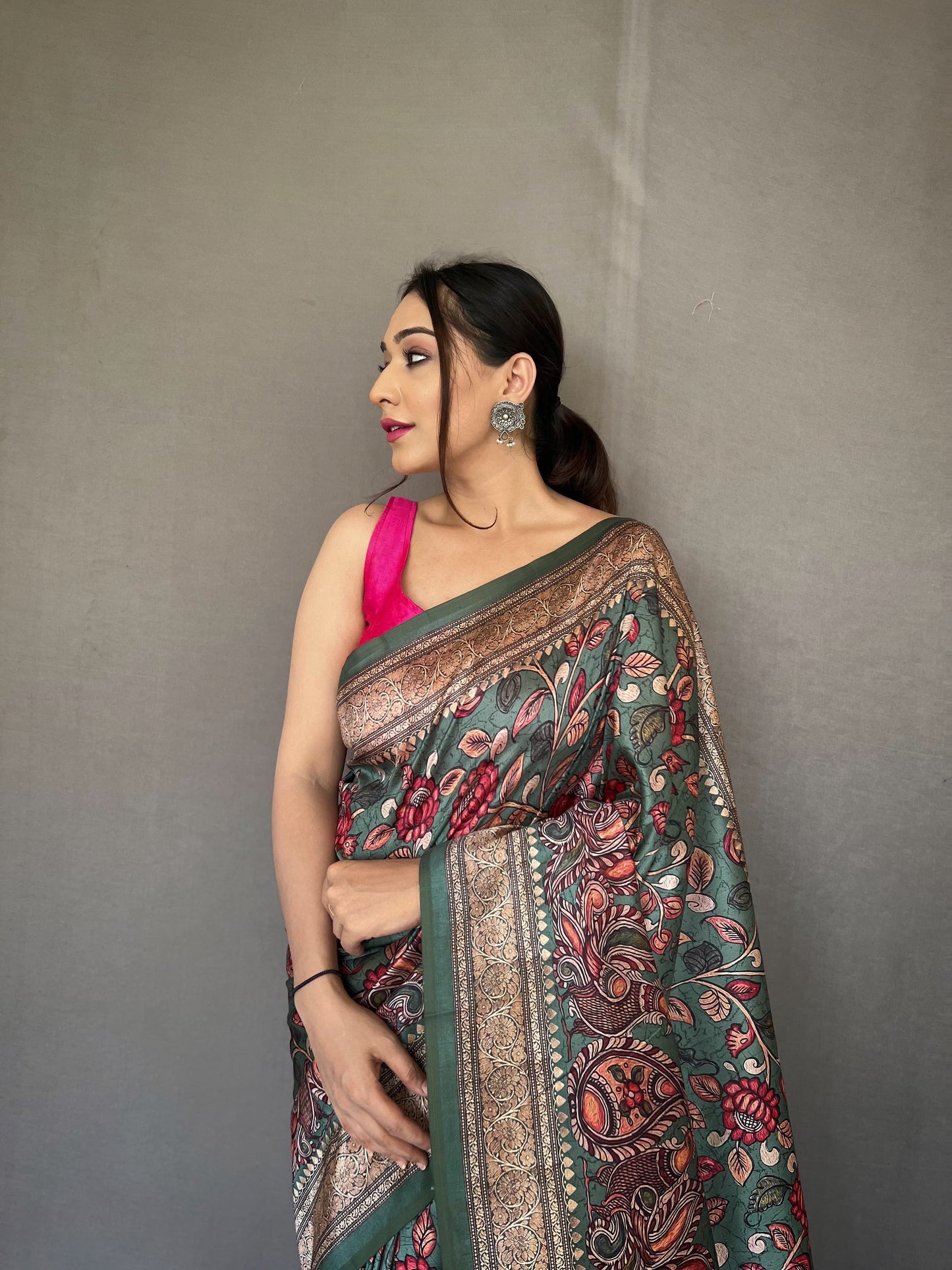 Fancy Gray Color Printed Silk Saree