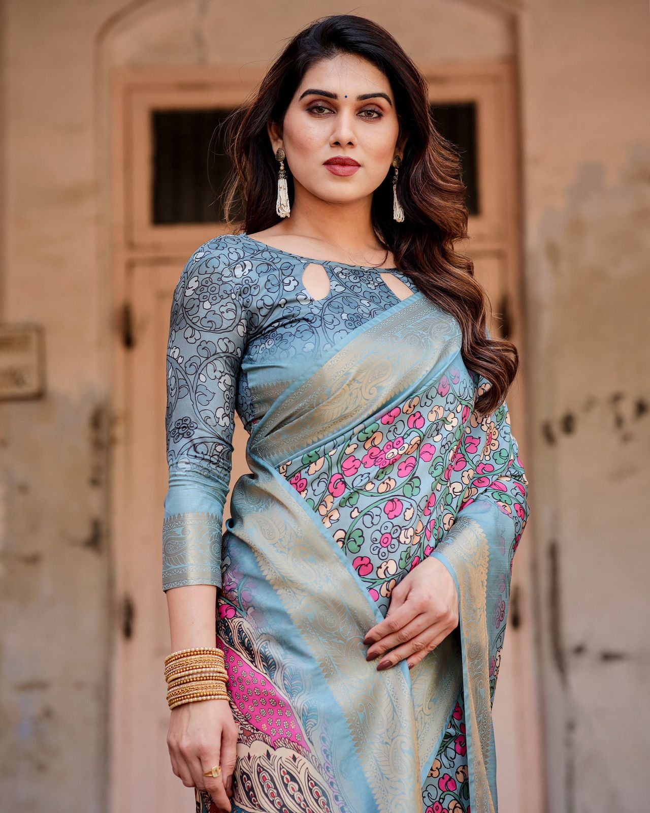 Luxuriant Sky Blue Color Printed Silk Saree