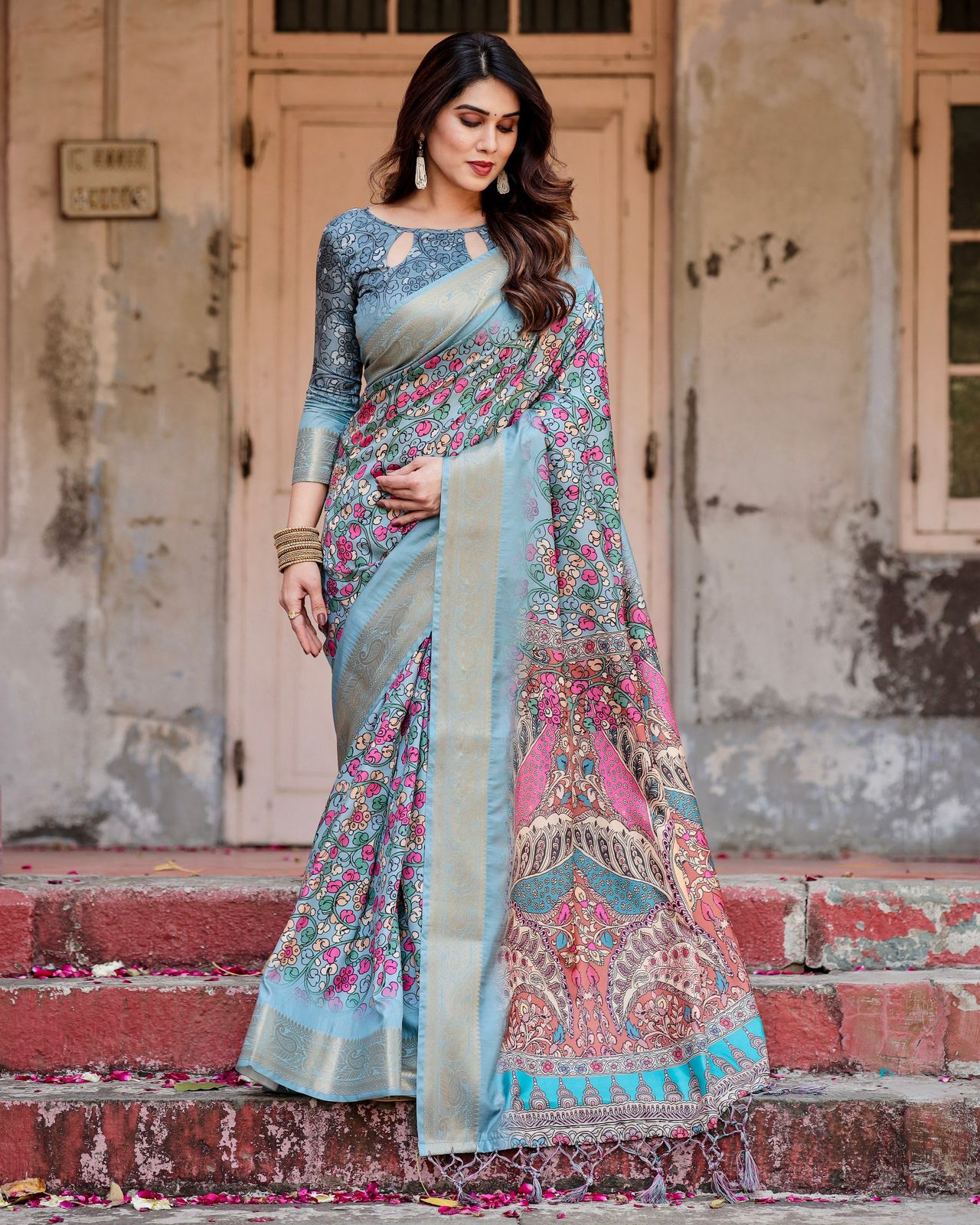 Luxuriant Sky Blue Color Printed Silk Saree