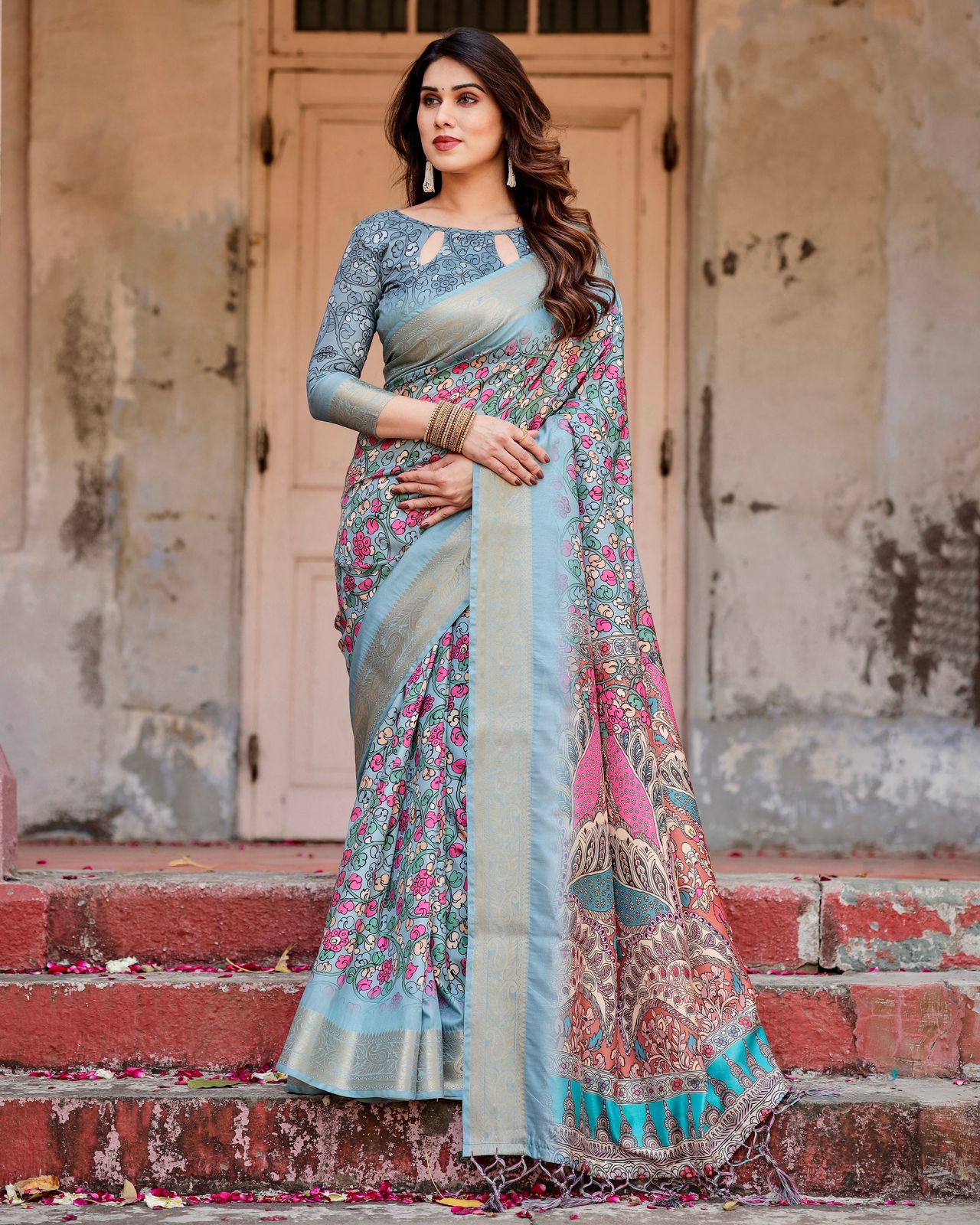 Luxuriant Sky Blue Color Printed Silk Saree