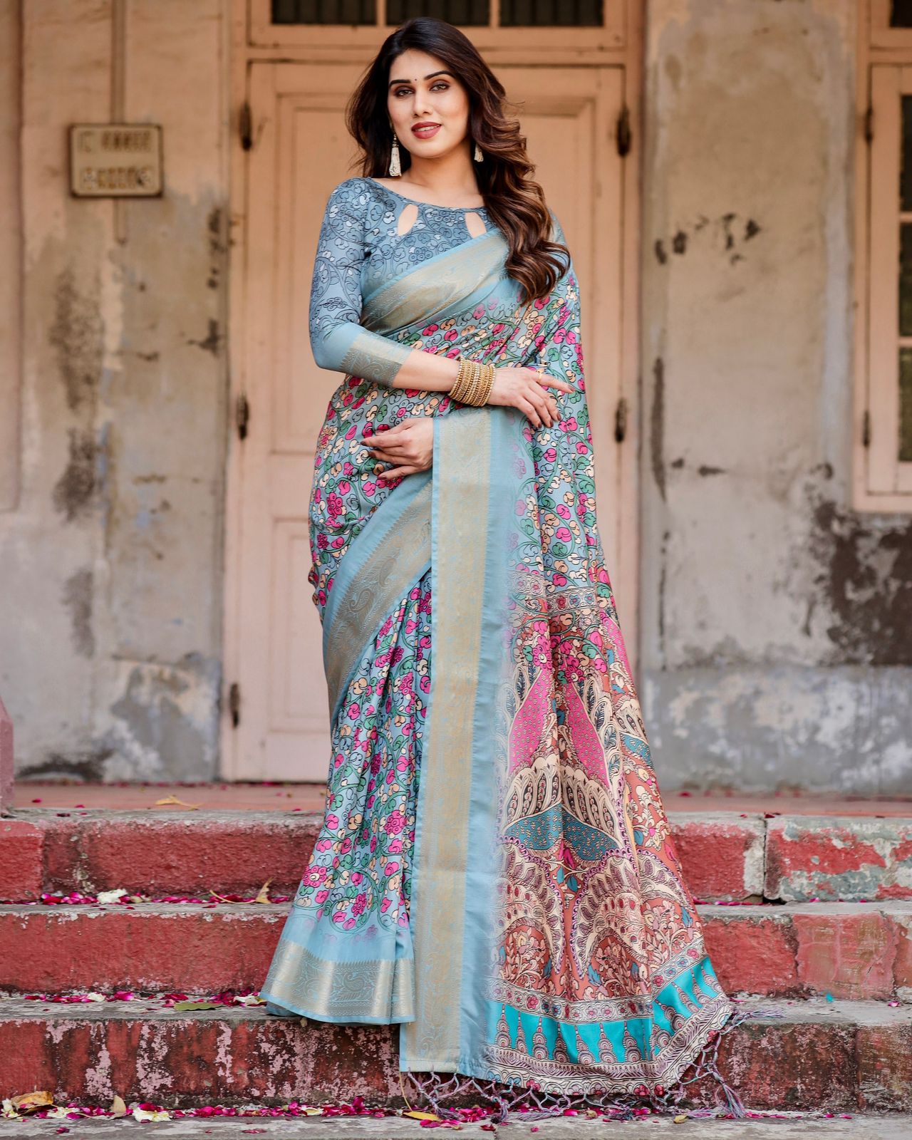 Luxuriant Sky Blue Color Printed Silk Saree