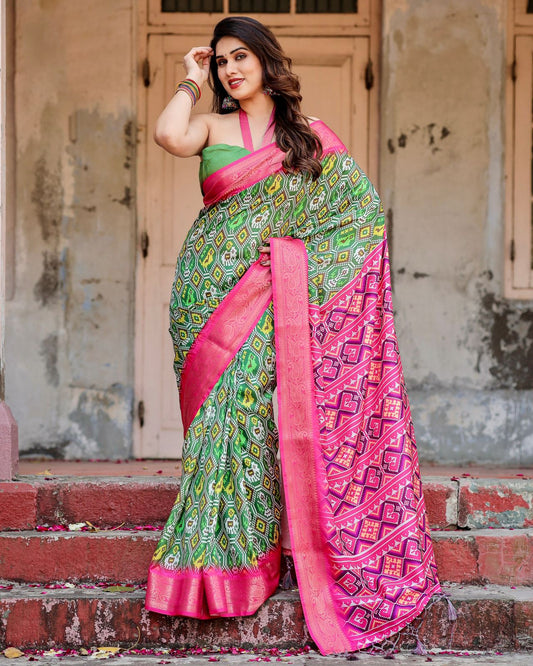 Luxuriant Green Color Printed Silk Saree