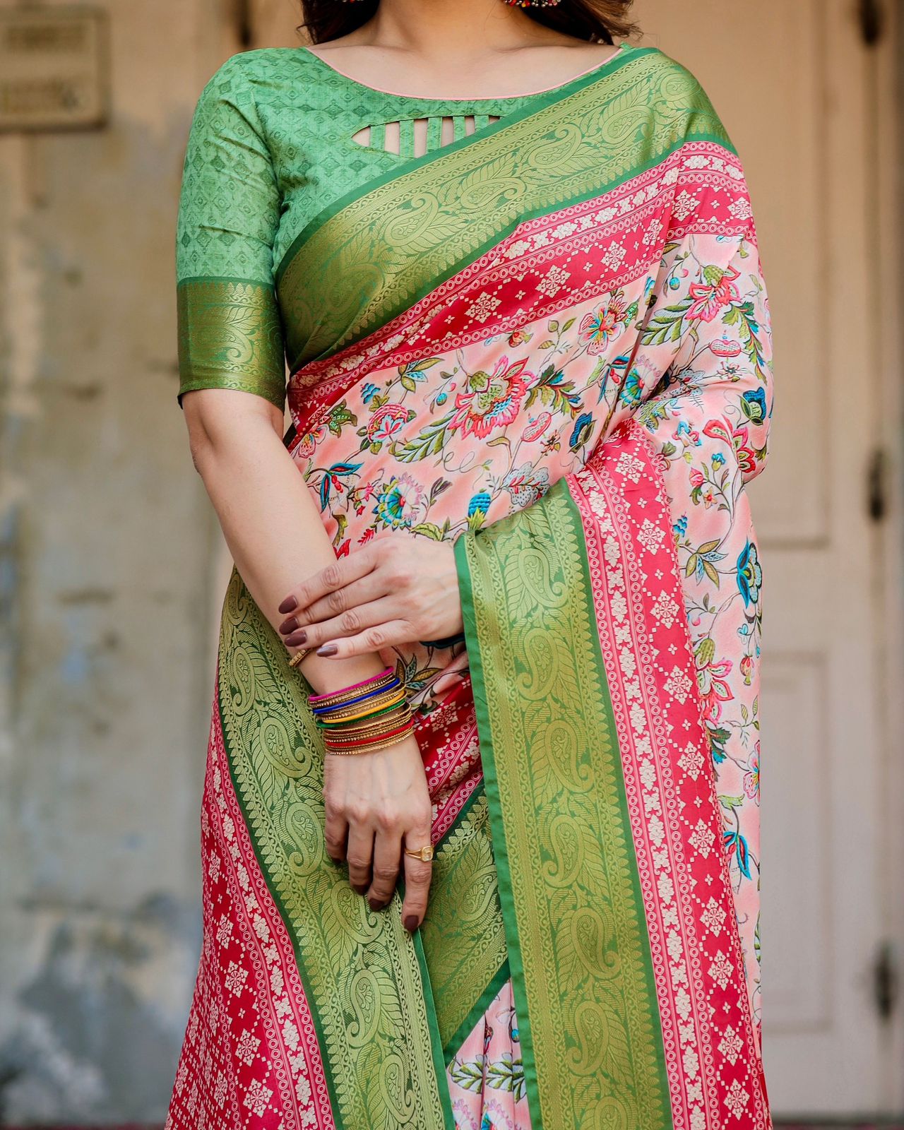 Luxuriant Peach Color Printed Silk Saree