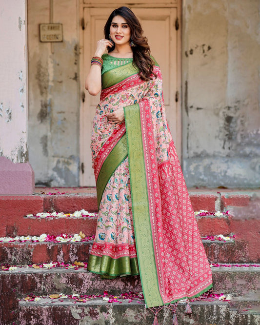 Luxuriant Peach Color Printed Silk Saree