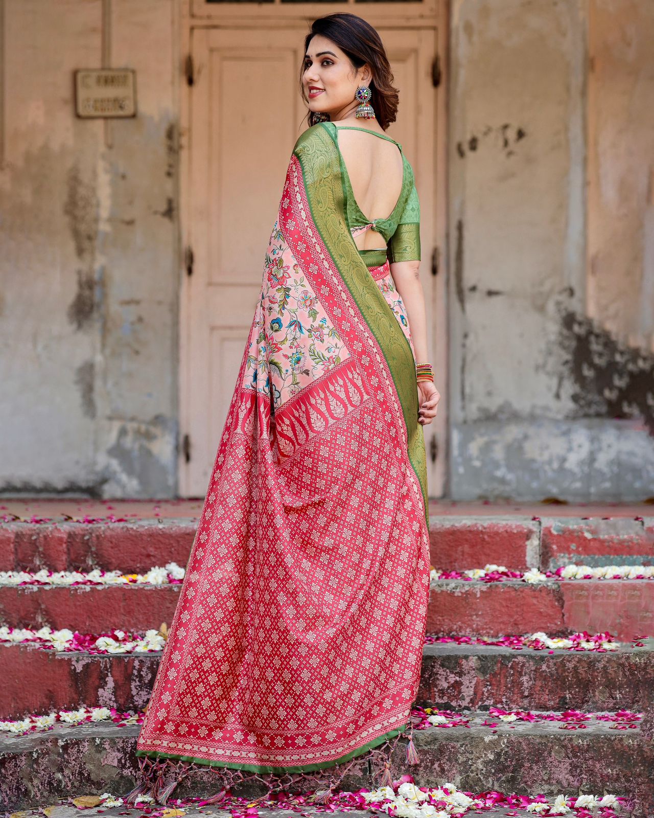 Luxuriant Peach Color Printed Silk Saree