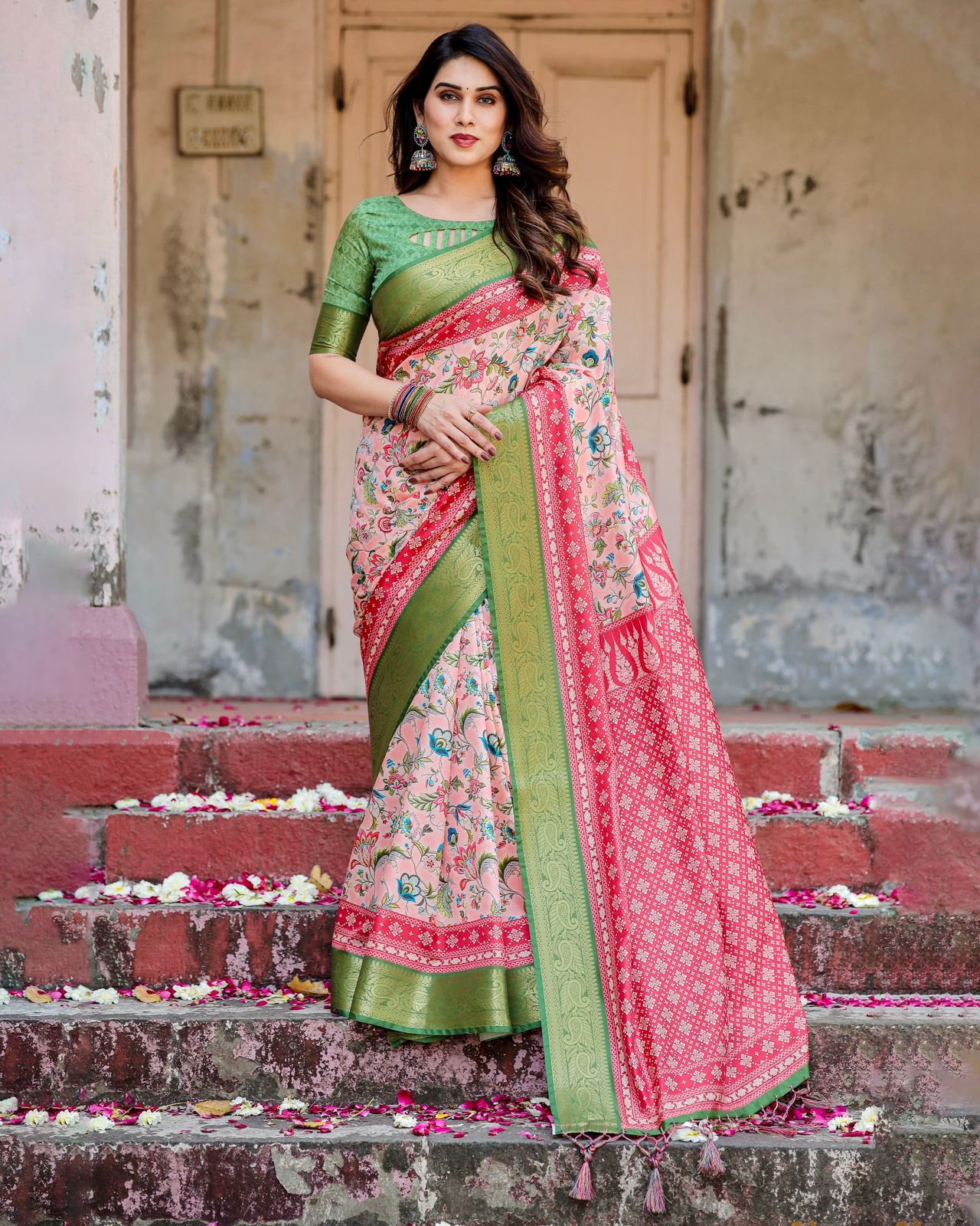 Luxuriant Peach Color Printed Silk Saree