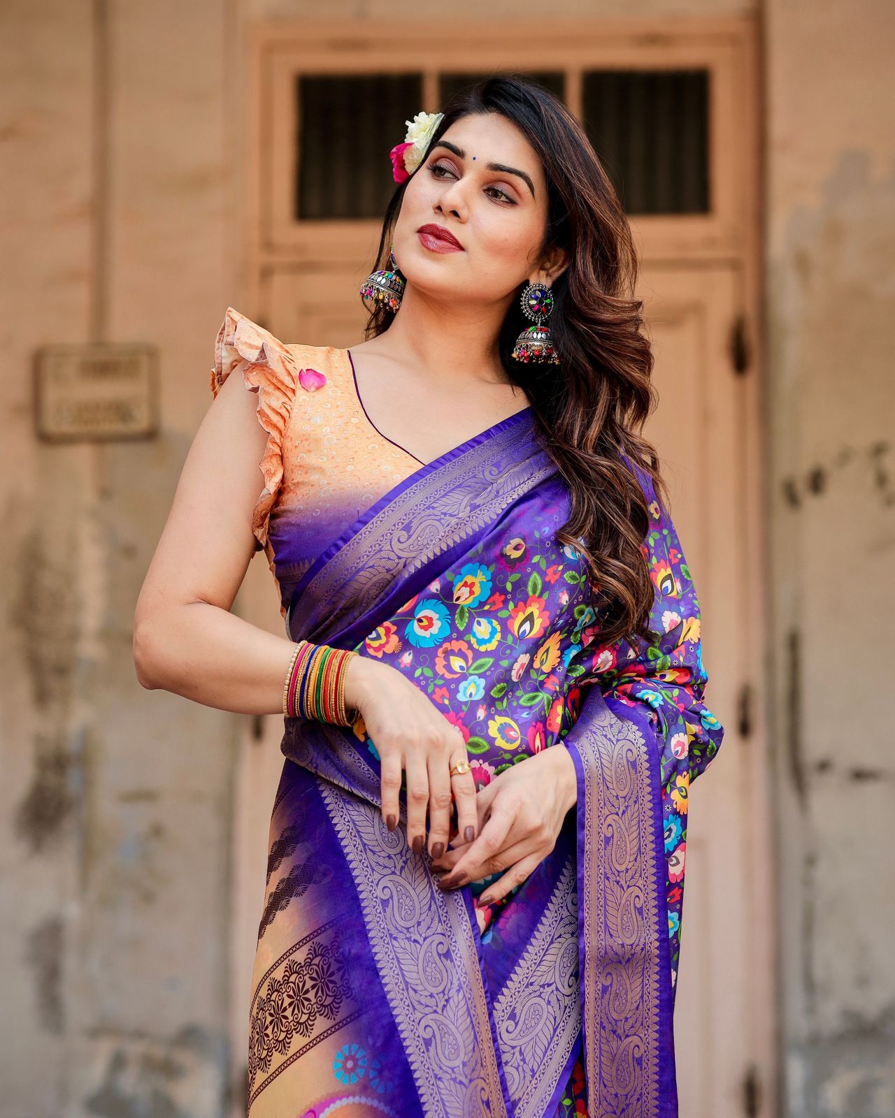 Luxuriant Wine Color Printed Silk Saree