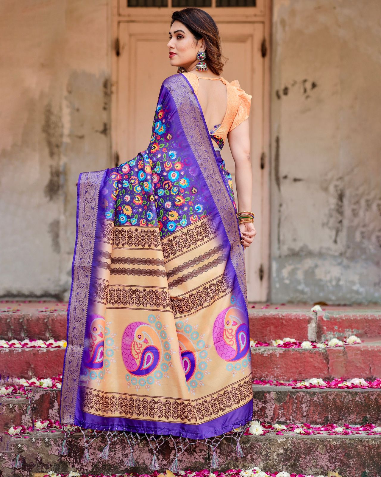 Luxuriant Wine Color Printed Silk Saree