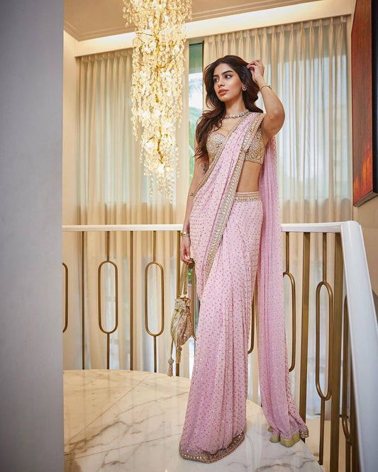 Glimmering Sequence Work Pink Color Saree