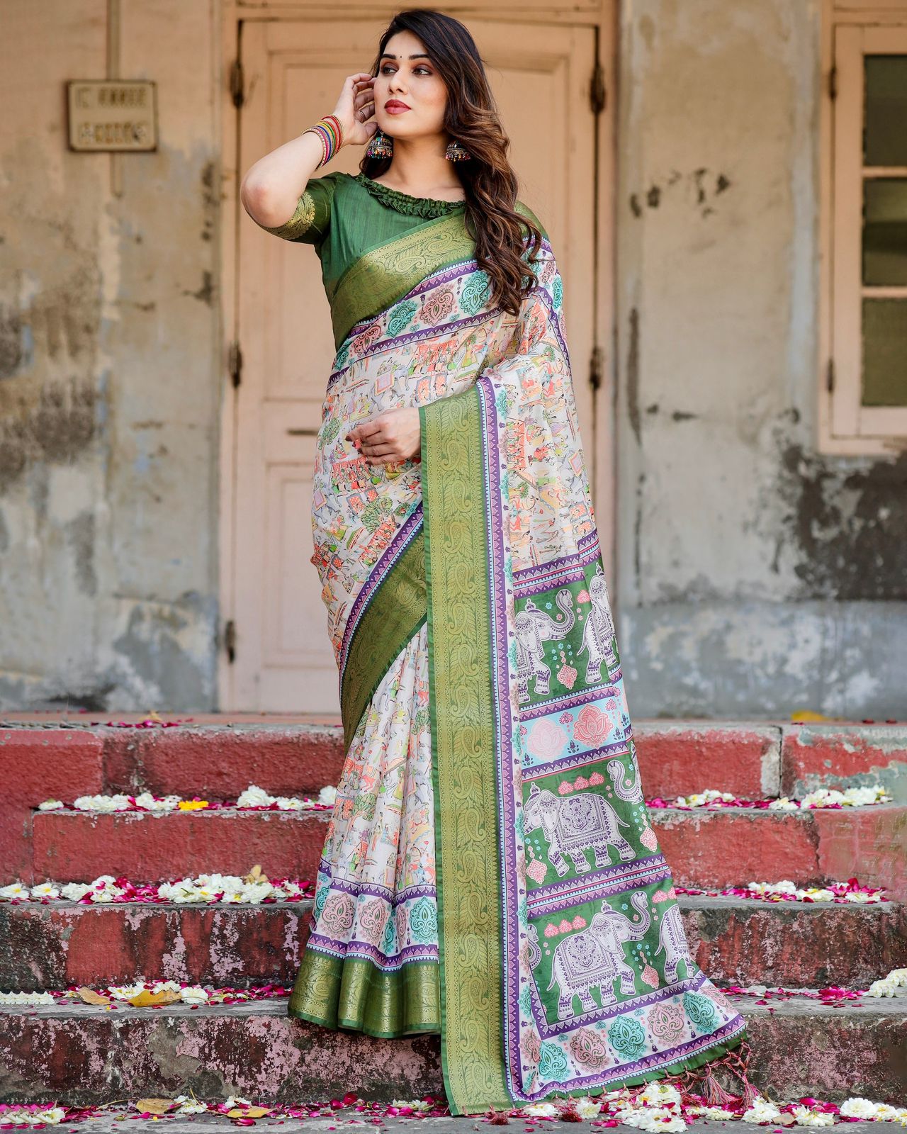 Luxuriant Green Color Printed Silk Saree