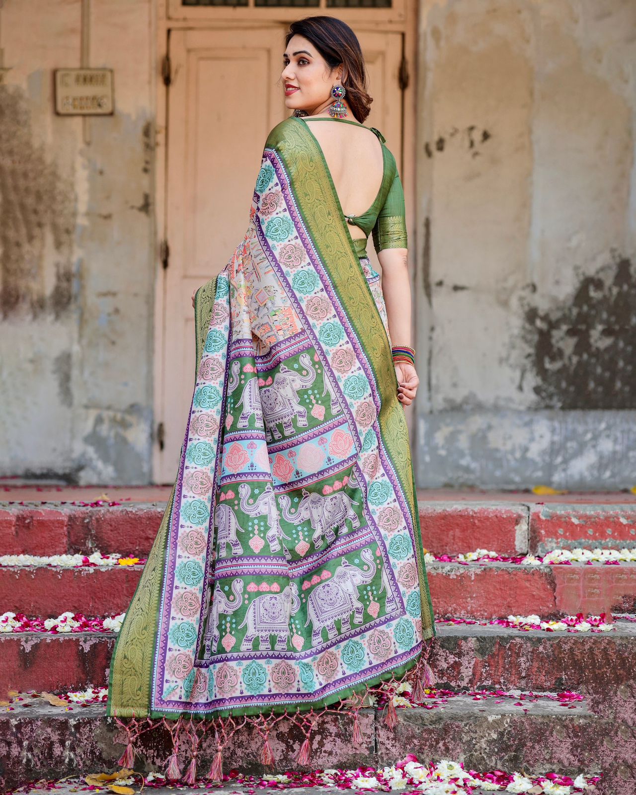 Luxuriant Green Color Printed Silk Saree