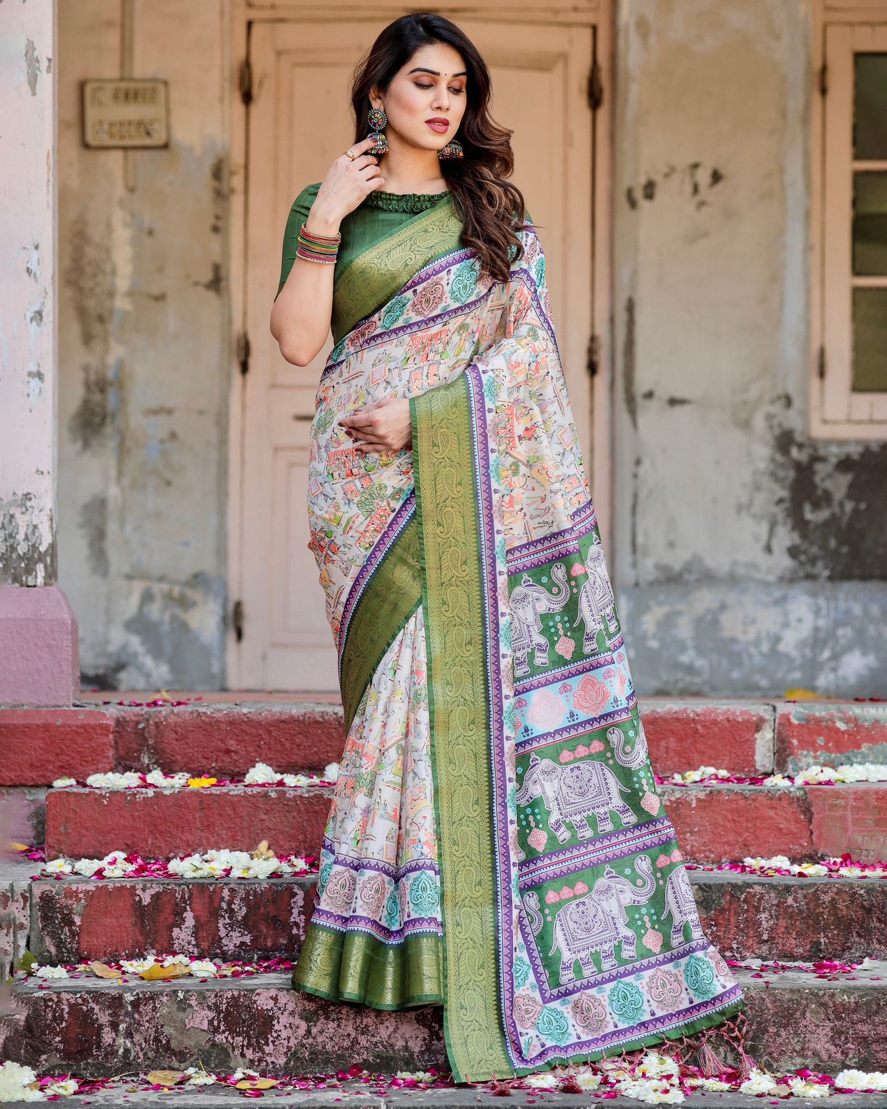 Luxuriant Green Color Printed Silk Saree