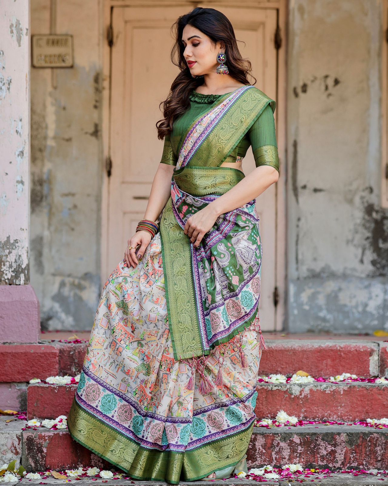 Luxuriant Green Color Printed Silk Saree