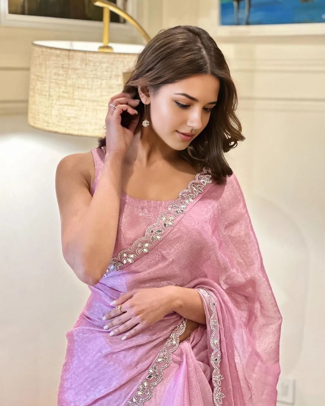 Glimmering Burberry Silk Pink Color Saree