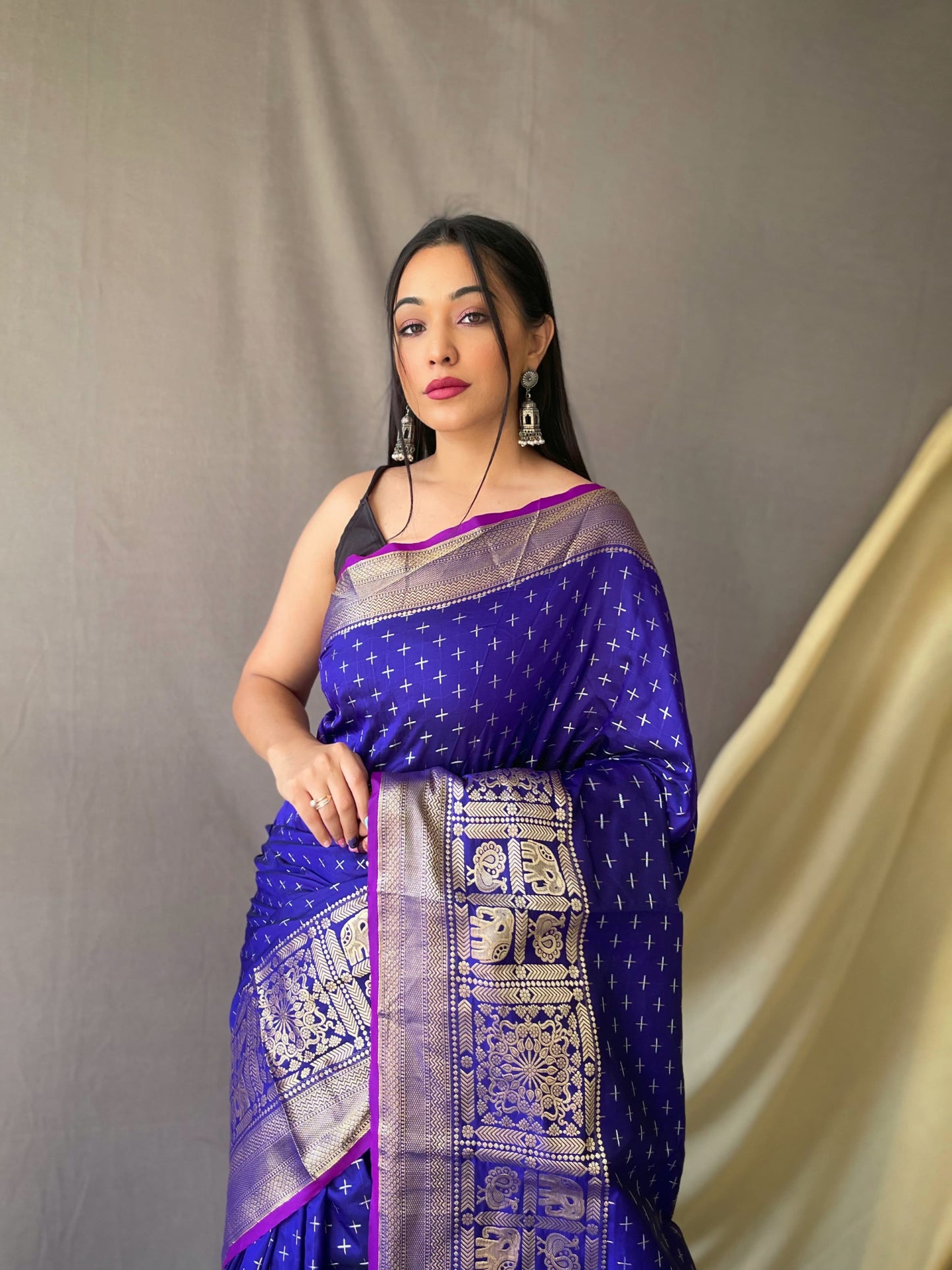 Embellished Royal Blue Color Jacquard Saree