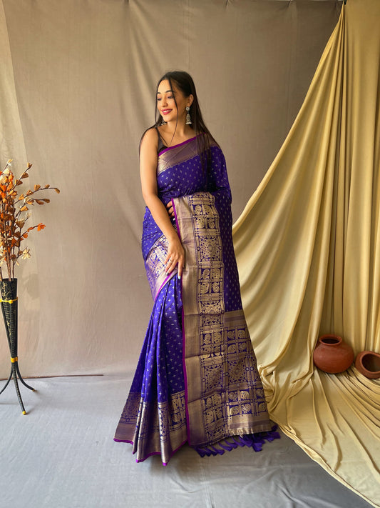 Embellished Royal Blue Color Jacquard Saree