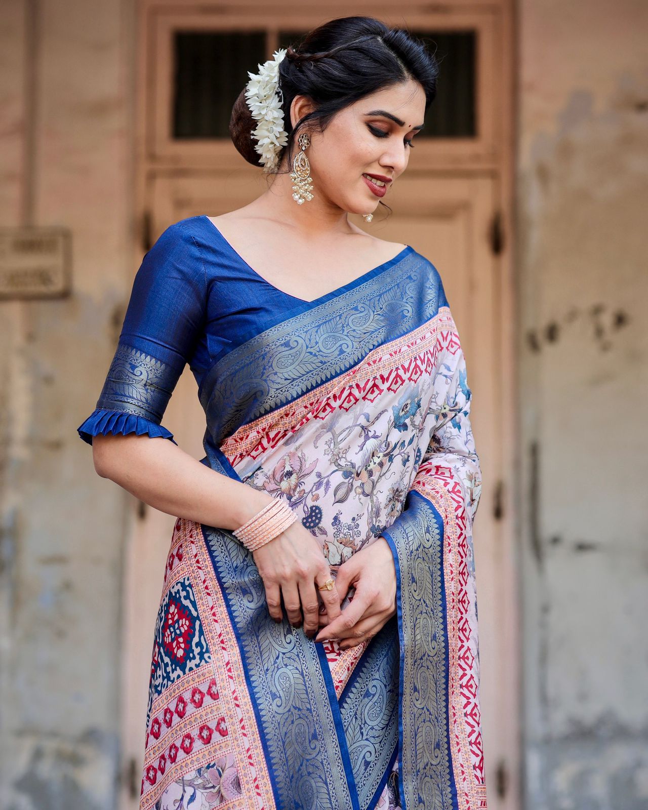 Luxuriant Blue Color Printed Silk Saree