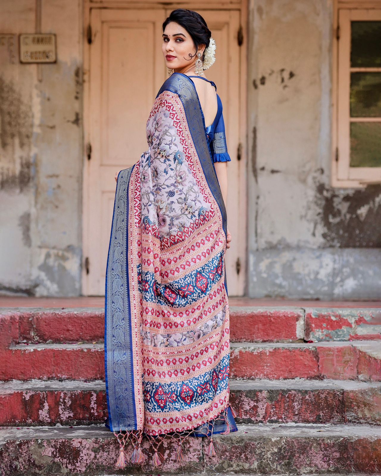 Luxuriant Blue Color Printed Silk Saree