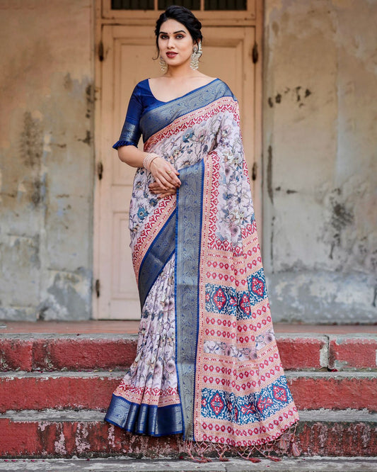 Luxuriant Blue Color Printed Silk Saree