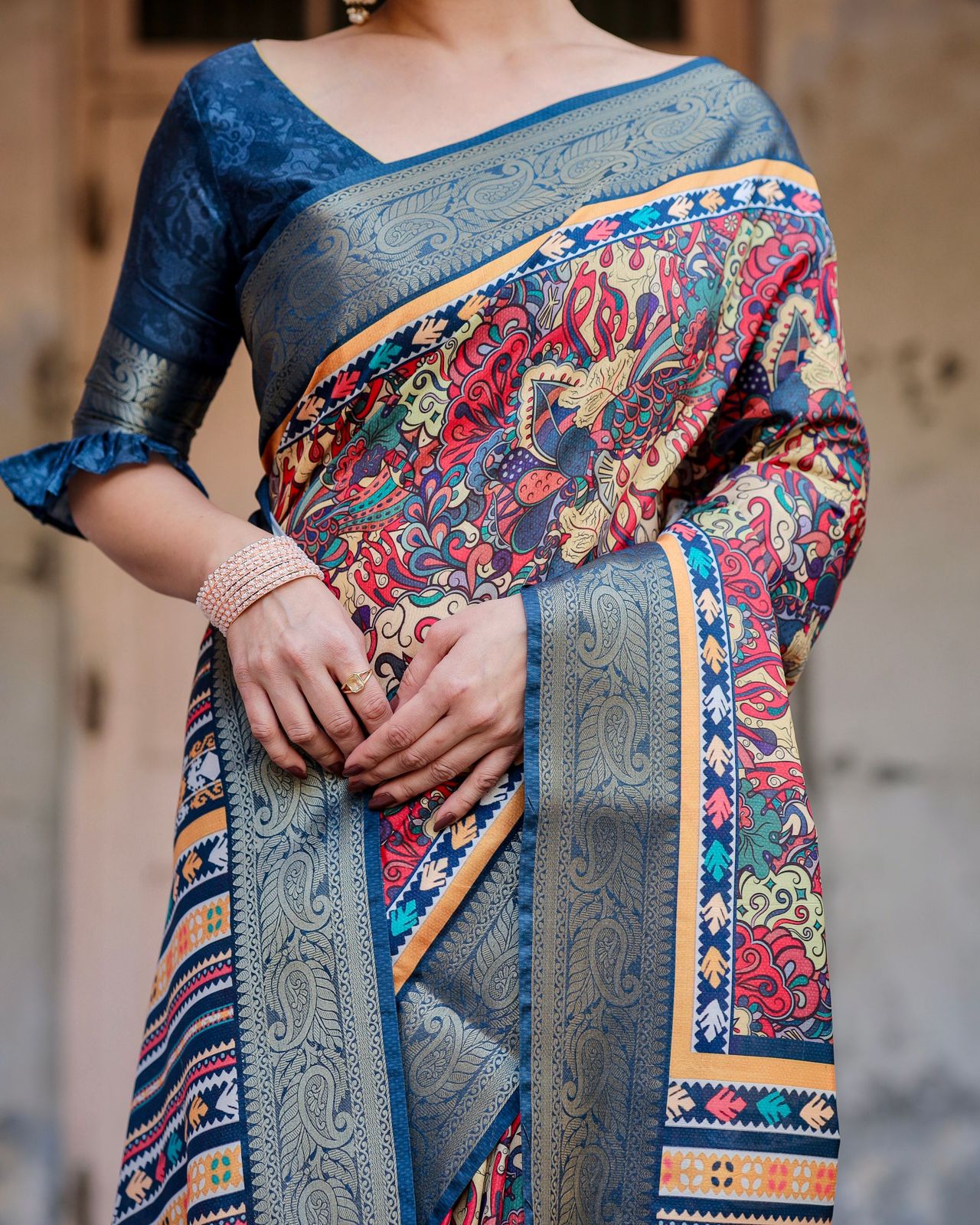 Luxuriant Royal Blue Color Printed Silk Saree