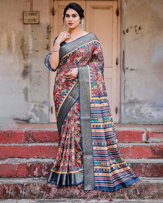 Luxuriant Royal Blue Color Printed Silk Saree