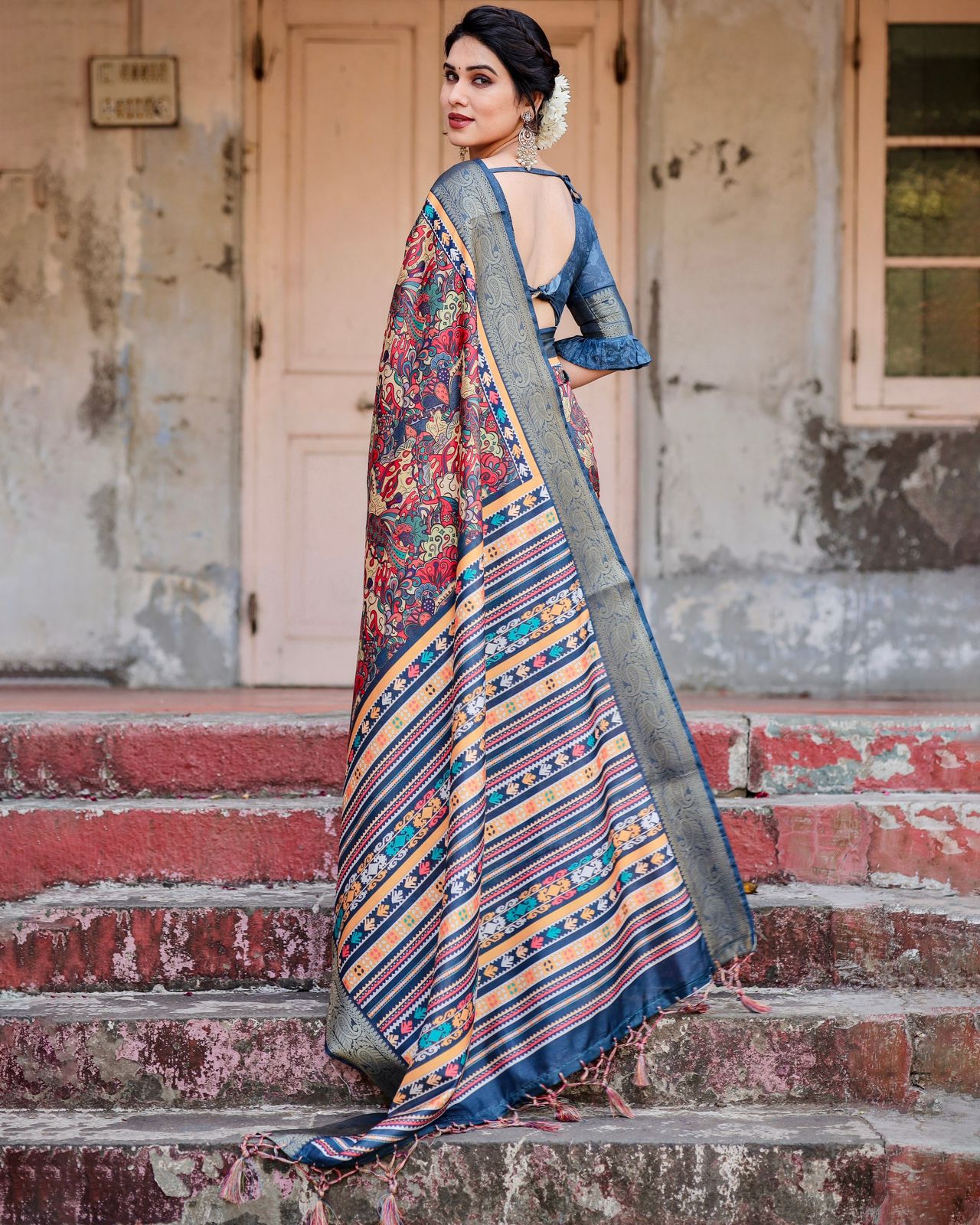 Luxuriant Royal Blue Color Printed Silk Saree