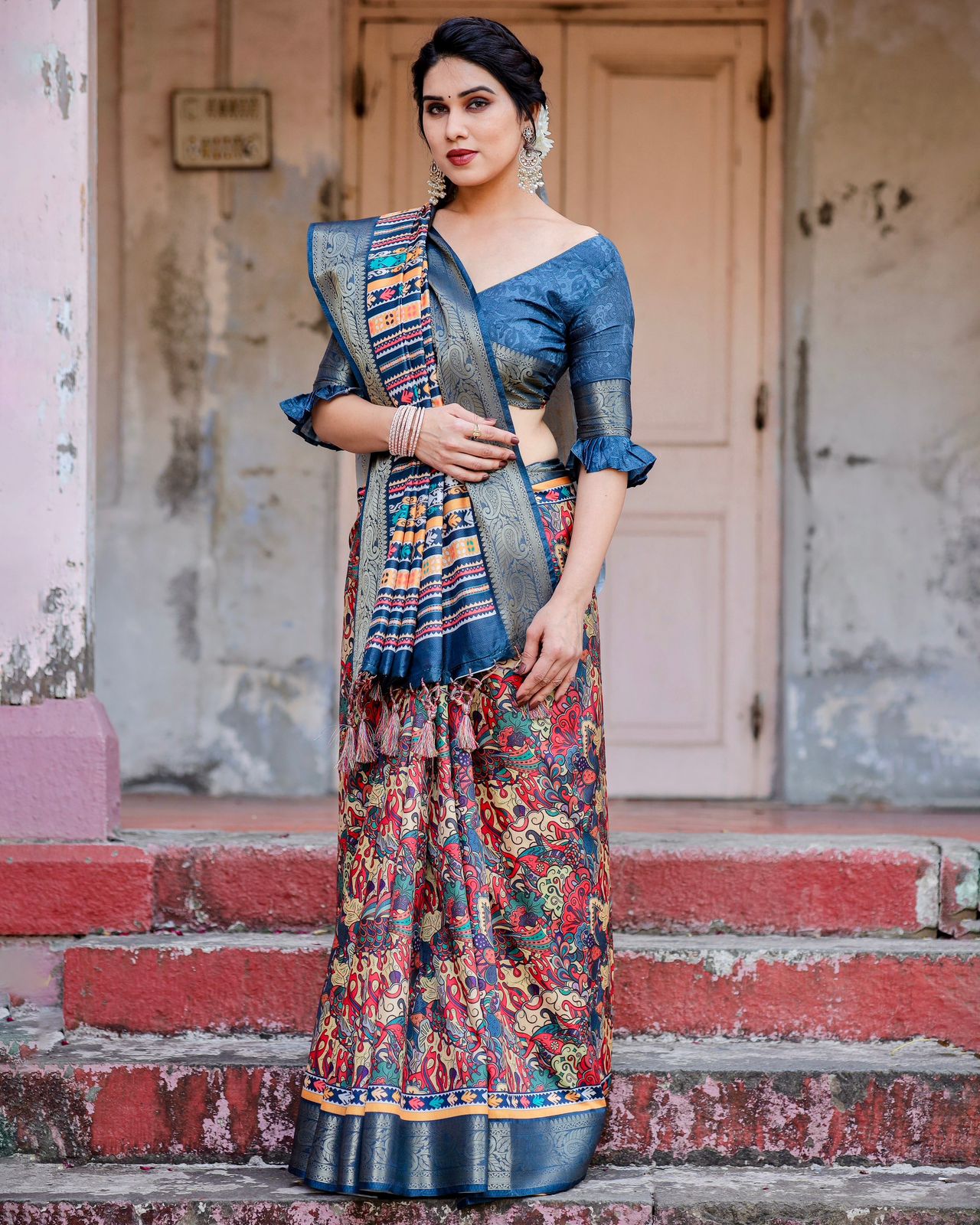 Luxuriant Royal Blue Color Printed Silk Saree