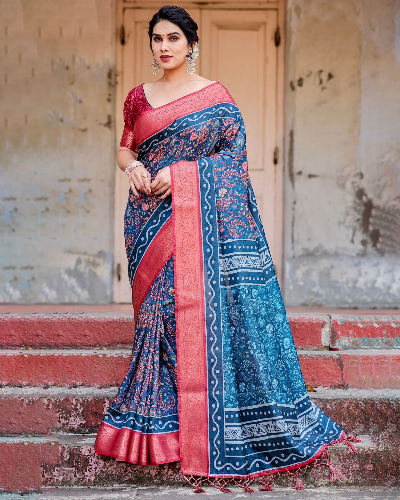 Imposing Blue Color Printed Silk Saree