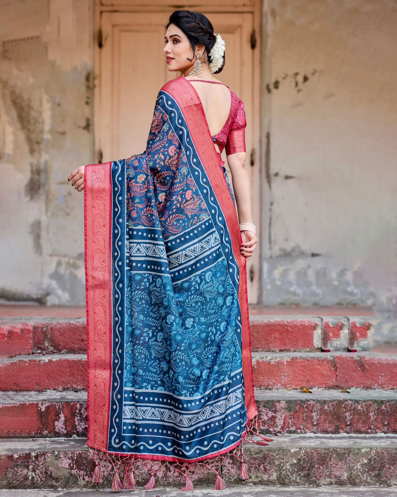 Imposing Blue Color Printed Silk Saree