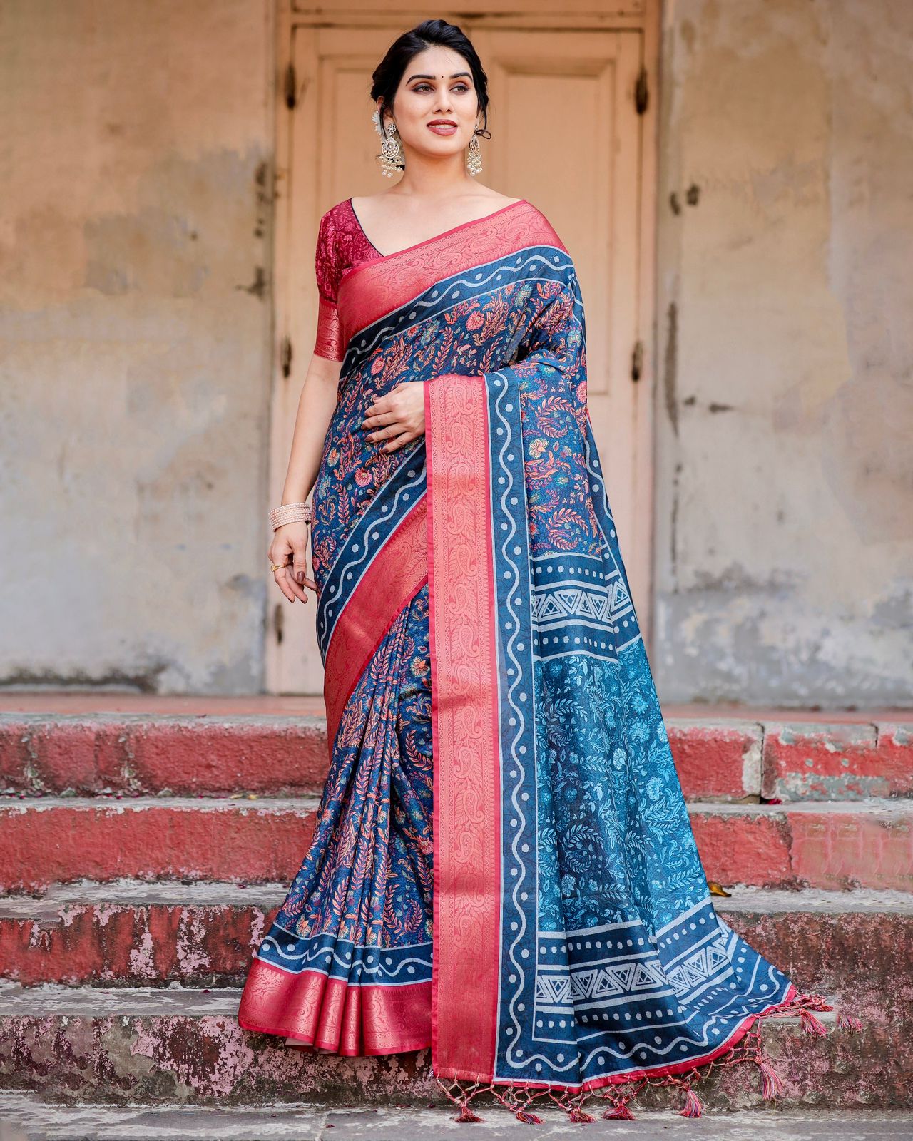 Imposing Blue Color Printed Silk Saree